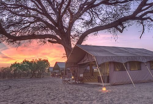 Zelt des Savute Under Canvas Camps in Savuti in der Abendstimmung Botswanas