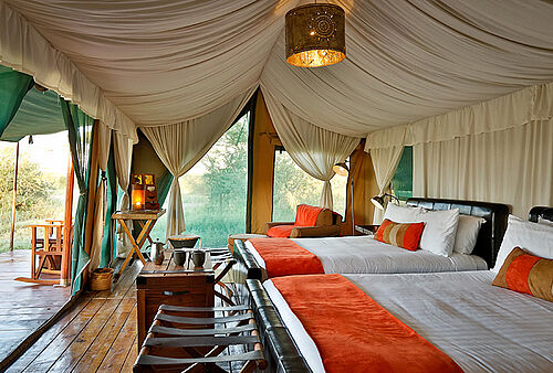 Luxuriöses, mobiles Zelt im Lemala Ndutu Mara Camp in der Serengeti in Tansania