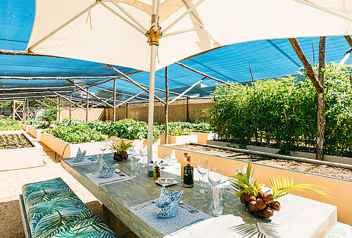 Von Hochbeeten umgebener Tisch unter einem Sonnenschirm, mit Getränken und schön gefalteten Servietten dekoriert