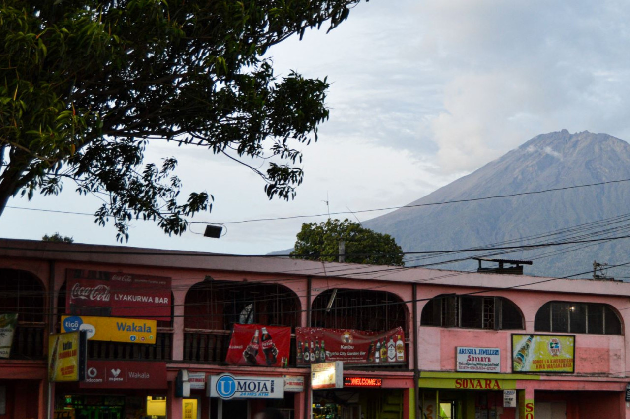 Häuserfront in Arusha vor dem Mount Meru