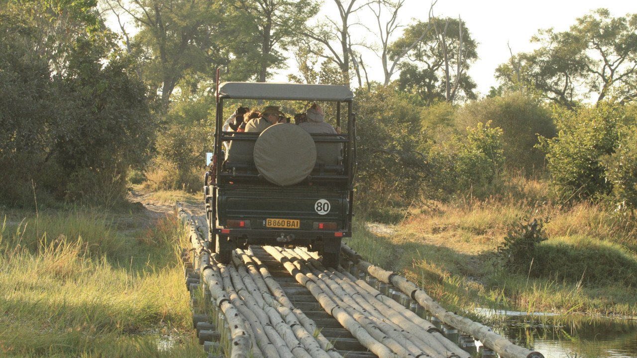 Safari-Jeep auf Holzbrücke bei einer Pirschfahrt in Botswana – Wildnis hautnah erleben