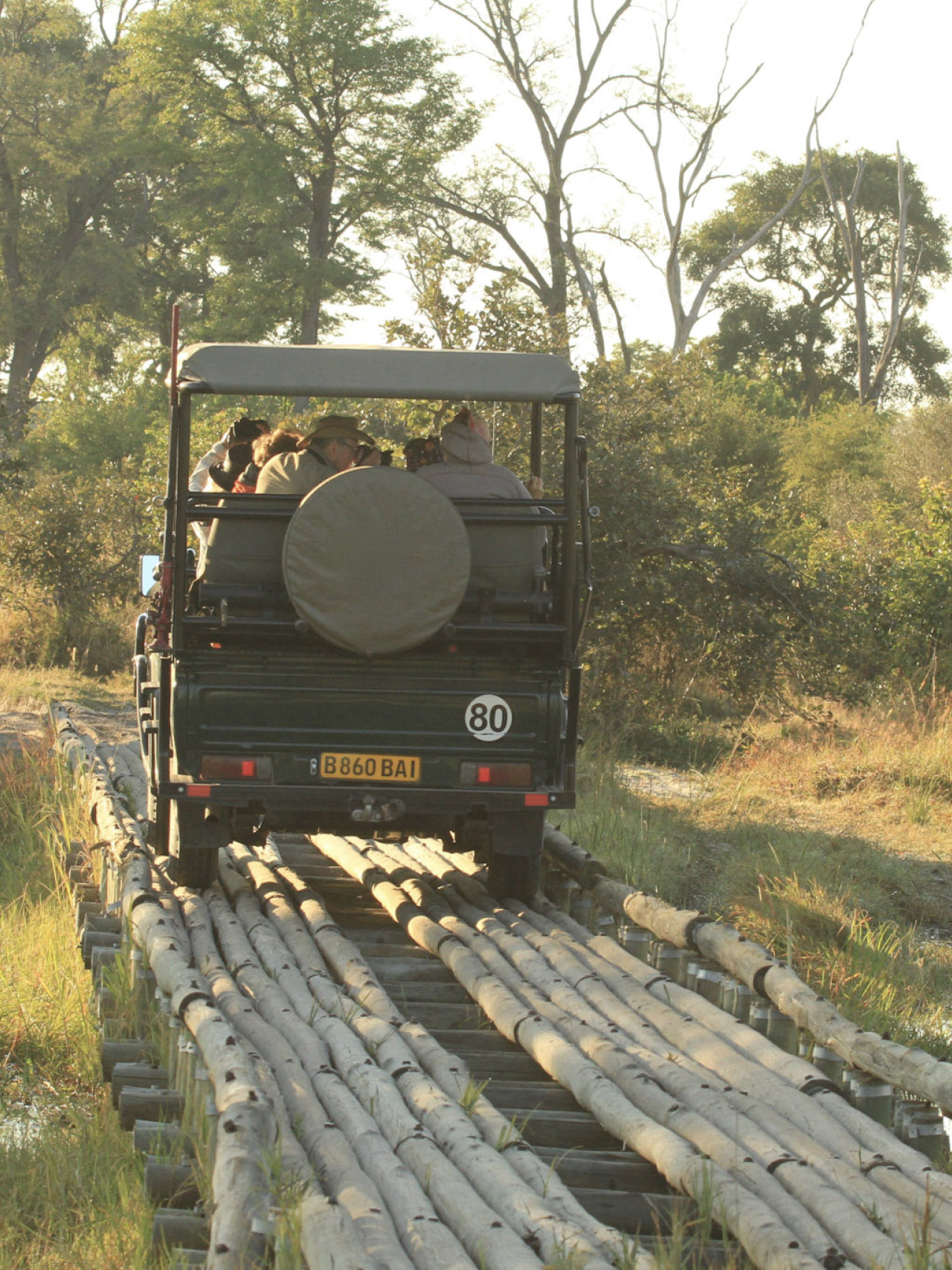 Safari-Jeep auf Holzbrücke bei einer Pirschfahrt in Botswana – Wildnis hautnah erleben
