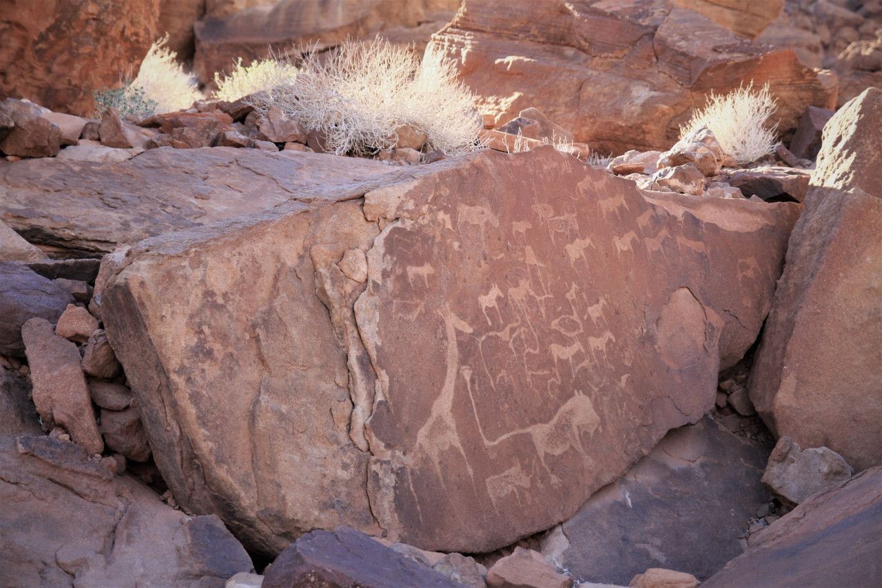Felsgravuren mit Tiermotiven an einer Steinformation in Twyfelfontein, Namibia