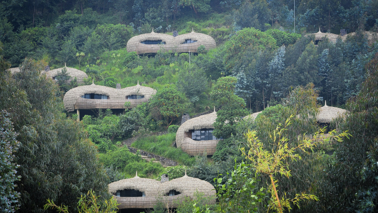 Exklusive Safari-Lodges mit Strohdach in üppigem Regenwald auf einem Hügel