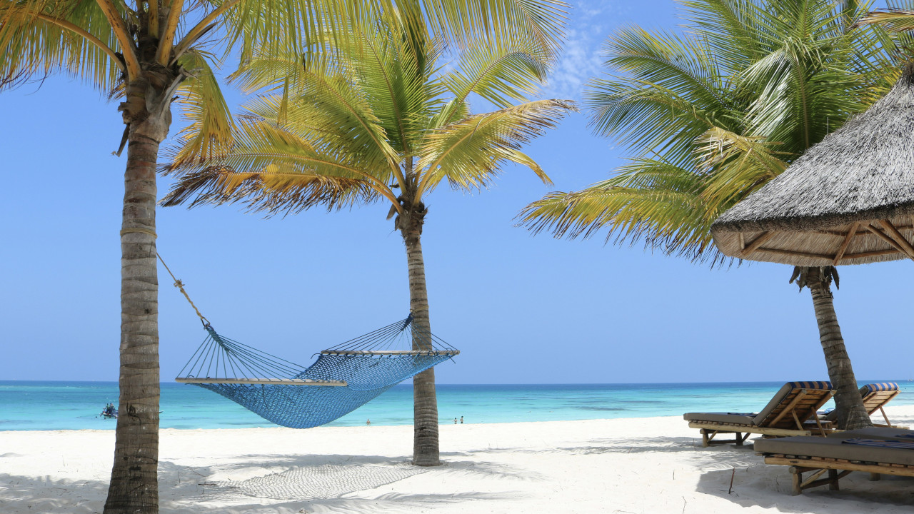 Hängematte zwischen Palmen an einem weißen Sandstrand mit türkisblauem Meer auf Sansibar