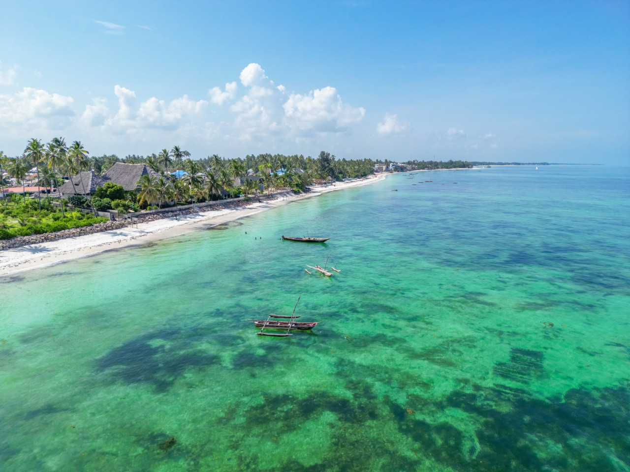 Palmen gesäumter Strand am türkis blauen Ozean