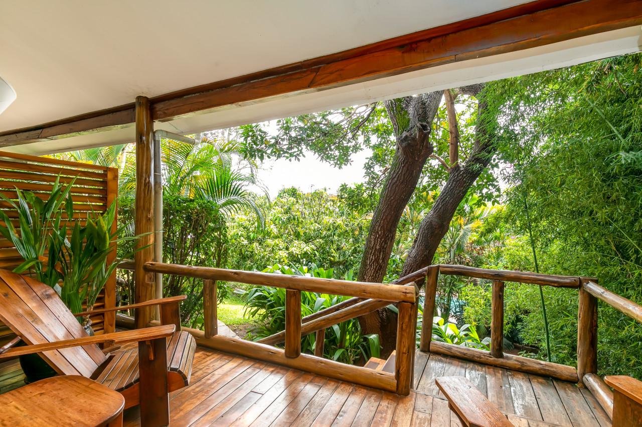 Blick von der Veranda auf den tropischen Garten
